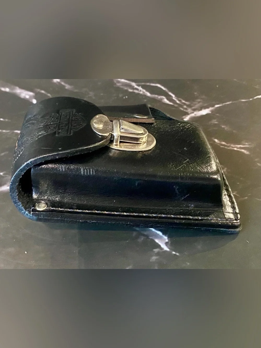 Harley-Davidson Embossed Black Leather Belt Pouch with Silver Clasp